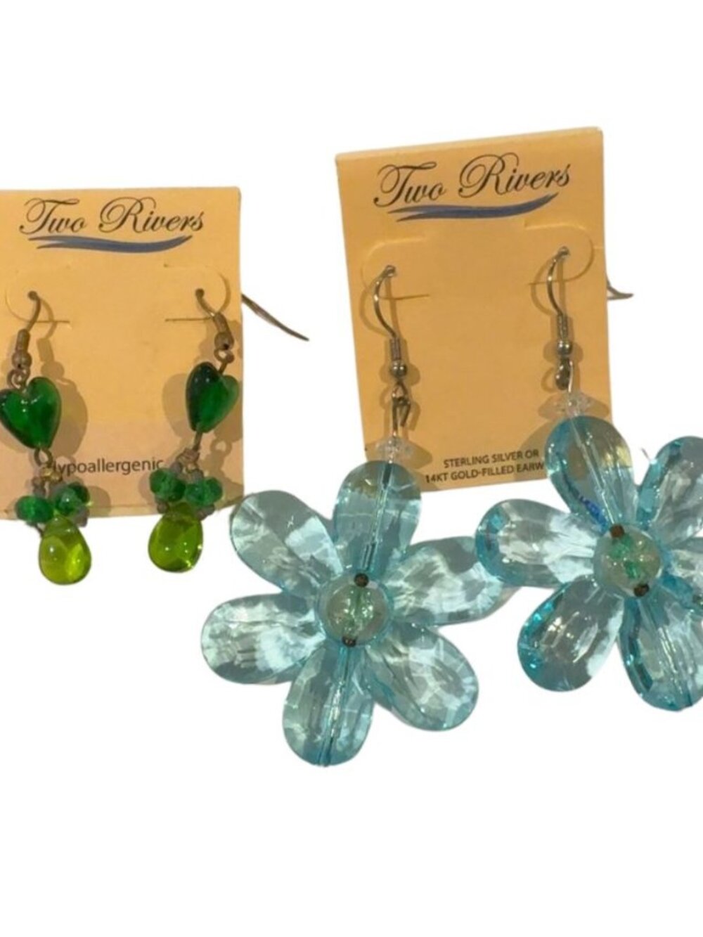 Two Rivers Beaded Dangle Earrings Lot Green Hearts Blue Flowers Y2K